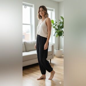 Noblu Black Pucker Crinkle Cropped Lagenlook Pant‎ Knit Pant Size L